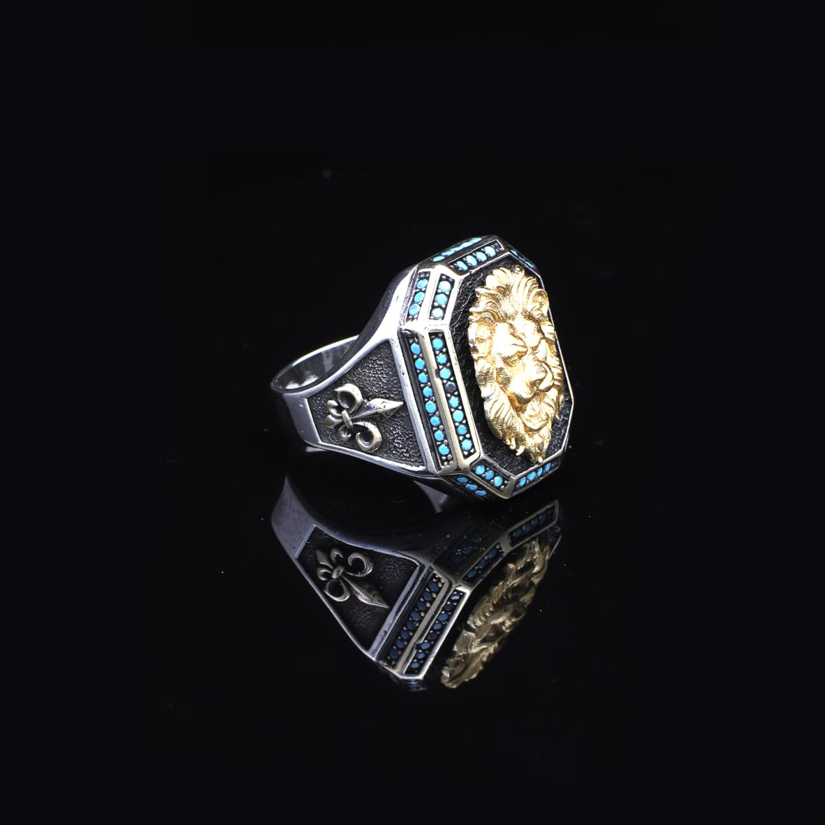 Men's 925 Sterling Silver Lion Ring with Turquoise - Men's Lion Ring in 925 Sterling Silver - Birthday Gifts