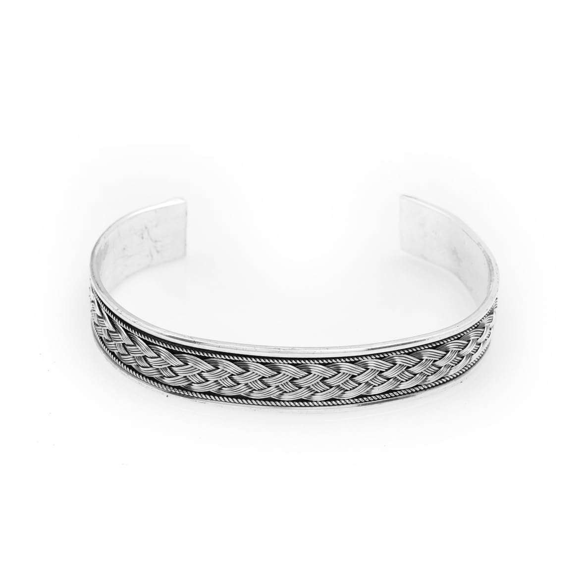 Men Thick Silver Band Bracelet – Handmade Sterling Silver Cuff Bracelet with Embroidered Design
