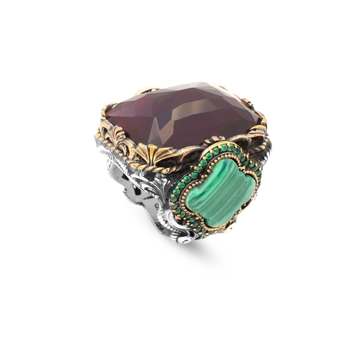 Amethyst & Malachite Ring – Large Statement Chunky Silver Whiskey Barrel Ottoman Vintage Ring – Engagement Promise Gift for Husband