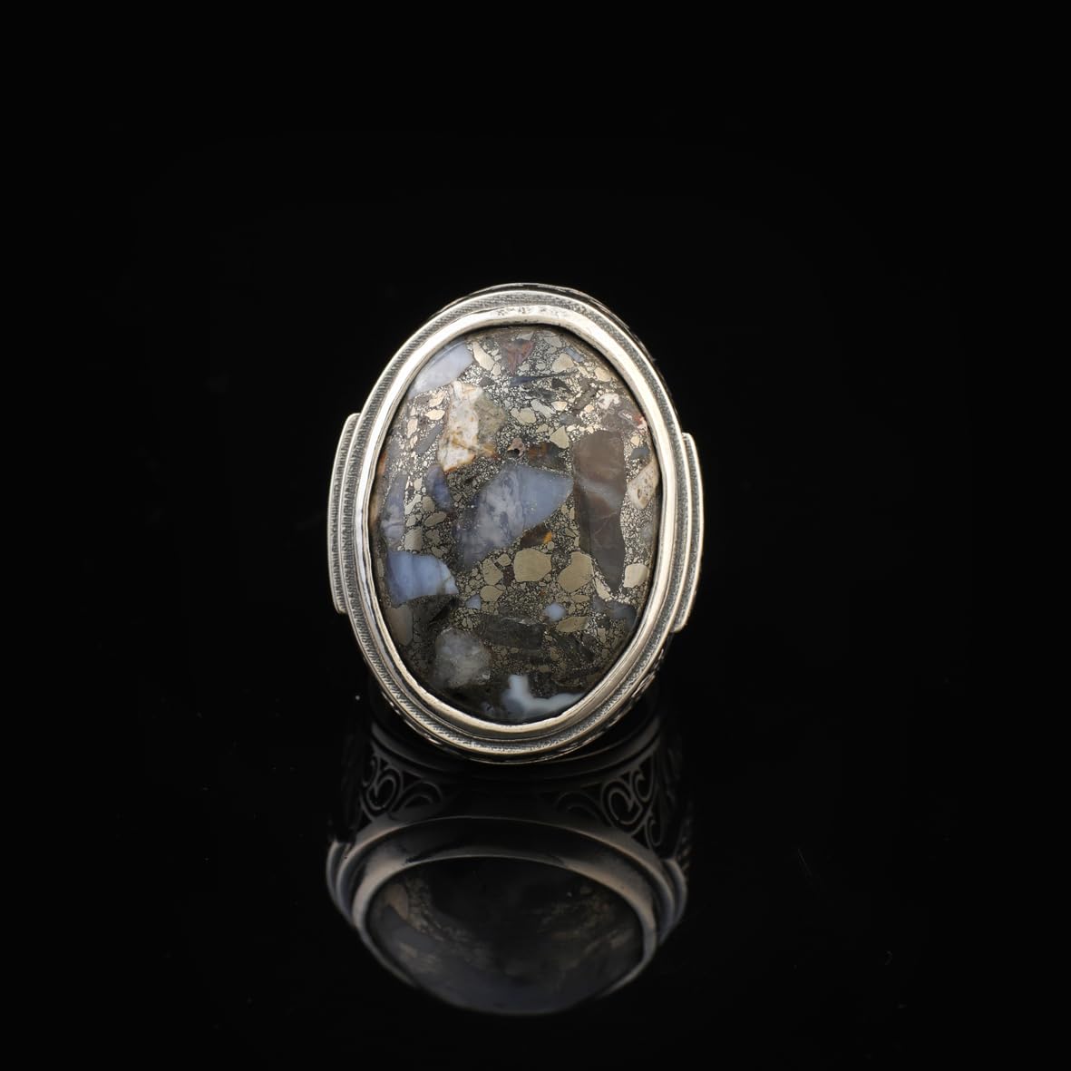 Mens Sterling Silver Turquoise Ring – Special Large Gemstone Ring with Chunky Ottoman Design