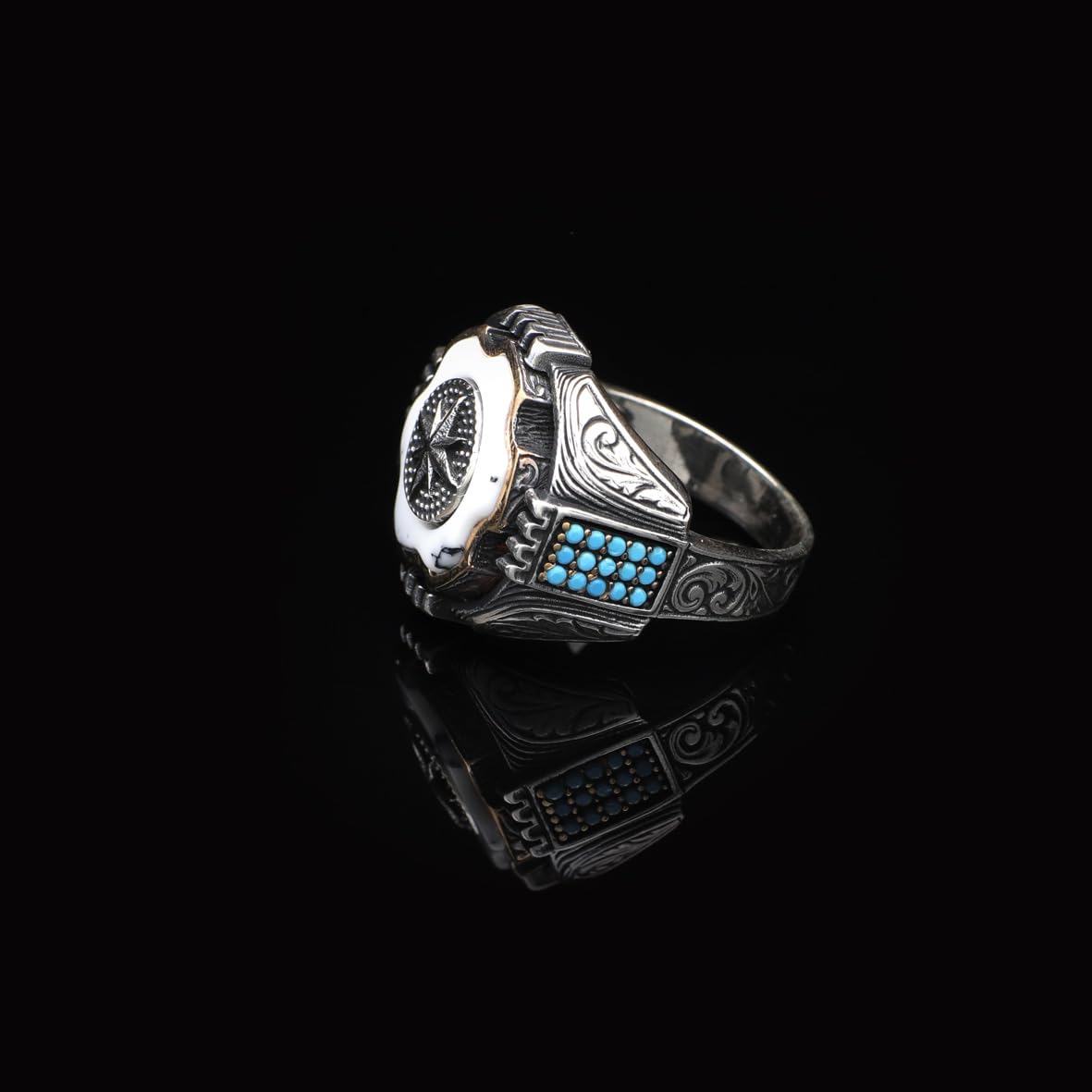 925 Sterling Silver White Turquoise and Pole Star Rotating Ring for Men - White Turquoise and Pole Star Design - Birthday Gifts
