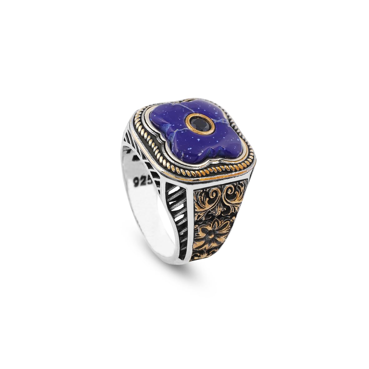 Vintage Handmade Lapis Lazuli Ring with Black Onyx and Micro Stone - 925 Sterling Silver Men's Ring with Gemstone and Silver Polishing Cloth Gift