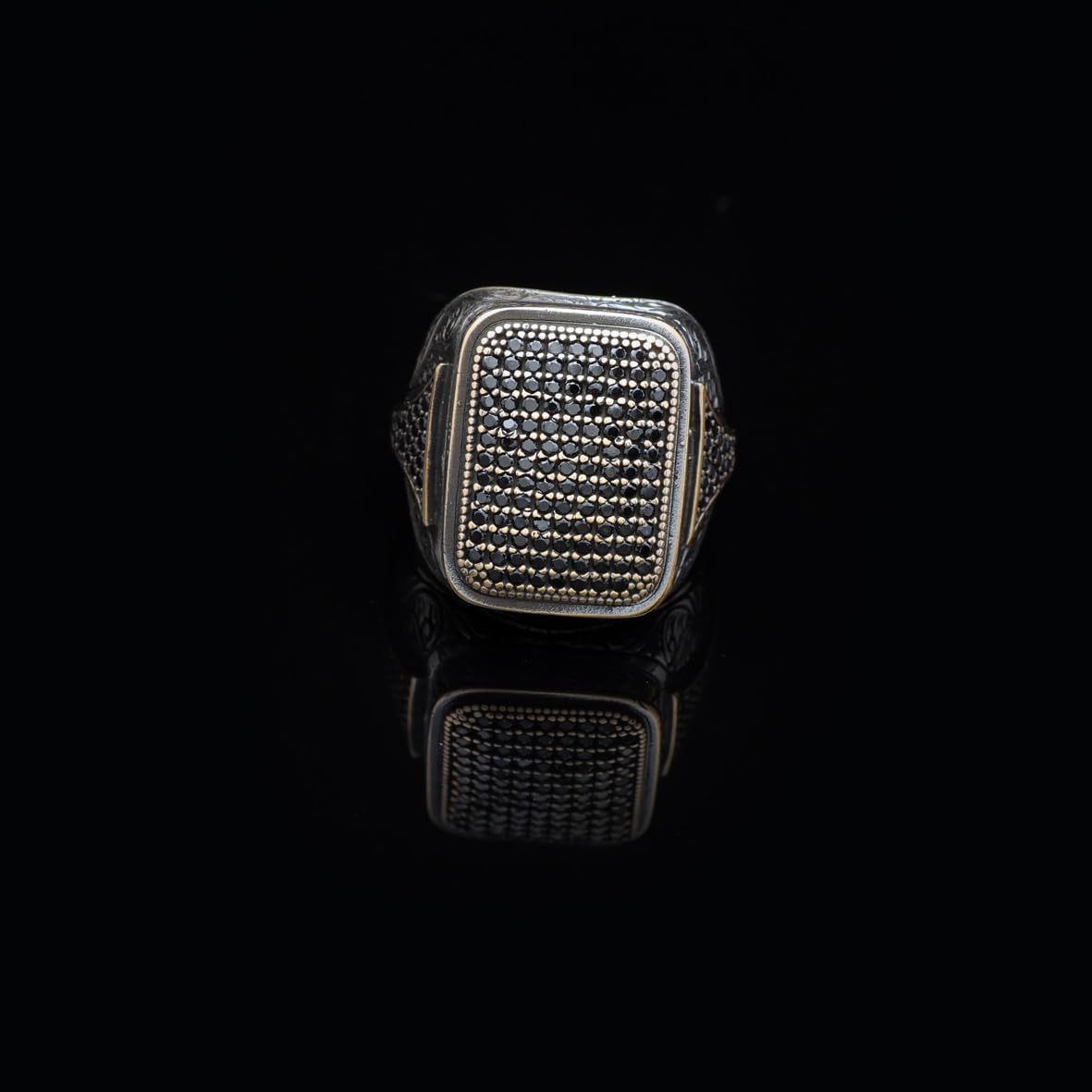 Polished Black Onyx and Micro Stone Men's Ring - Vintage 925 Sterling Silver Gemstone Statement Ring