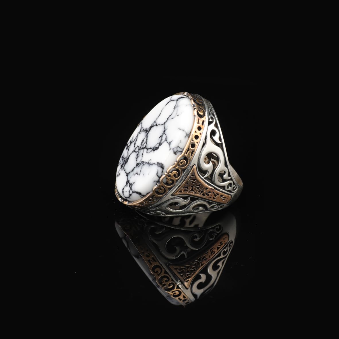 White Turquoise Oval Gemstone Ring for Men - Handmade Ottoman Style 925 Sterling Silver Large Vintage Ring with Silver Polishing Cloth Gift