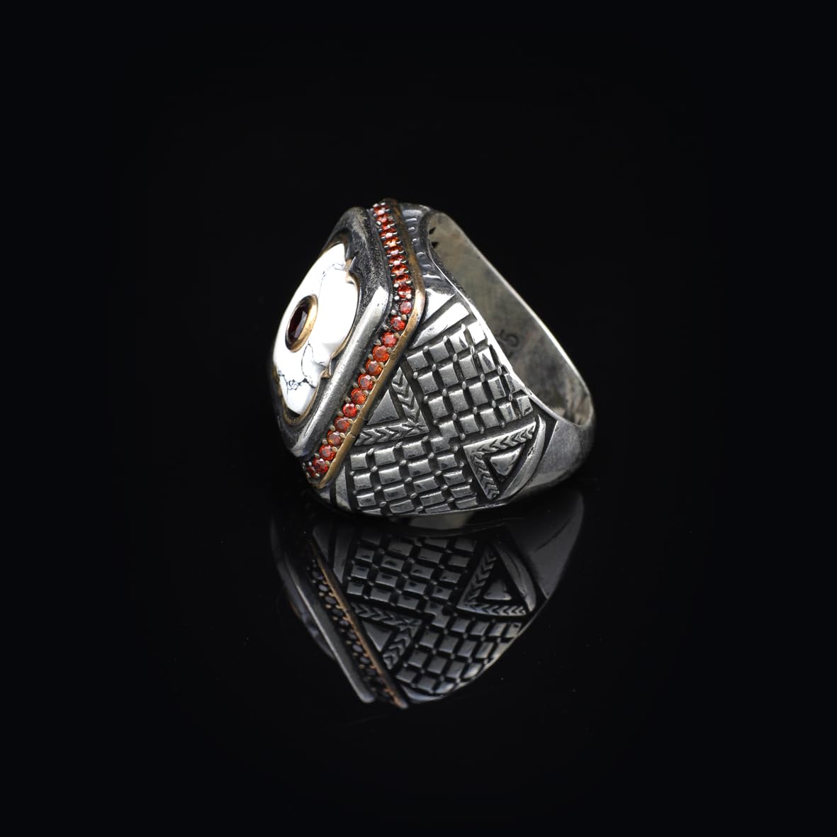 Genuine Turquoise Mens Ring with White Turquoise and Micro Stone