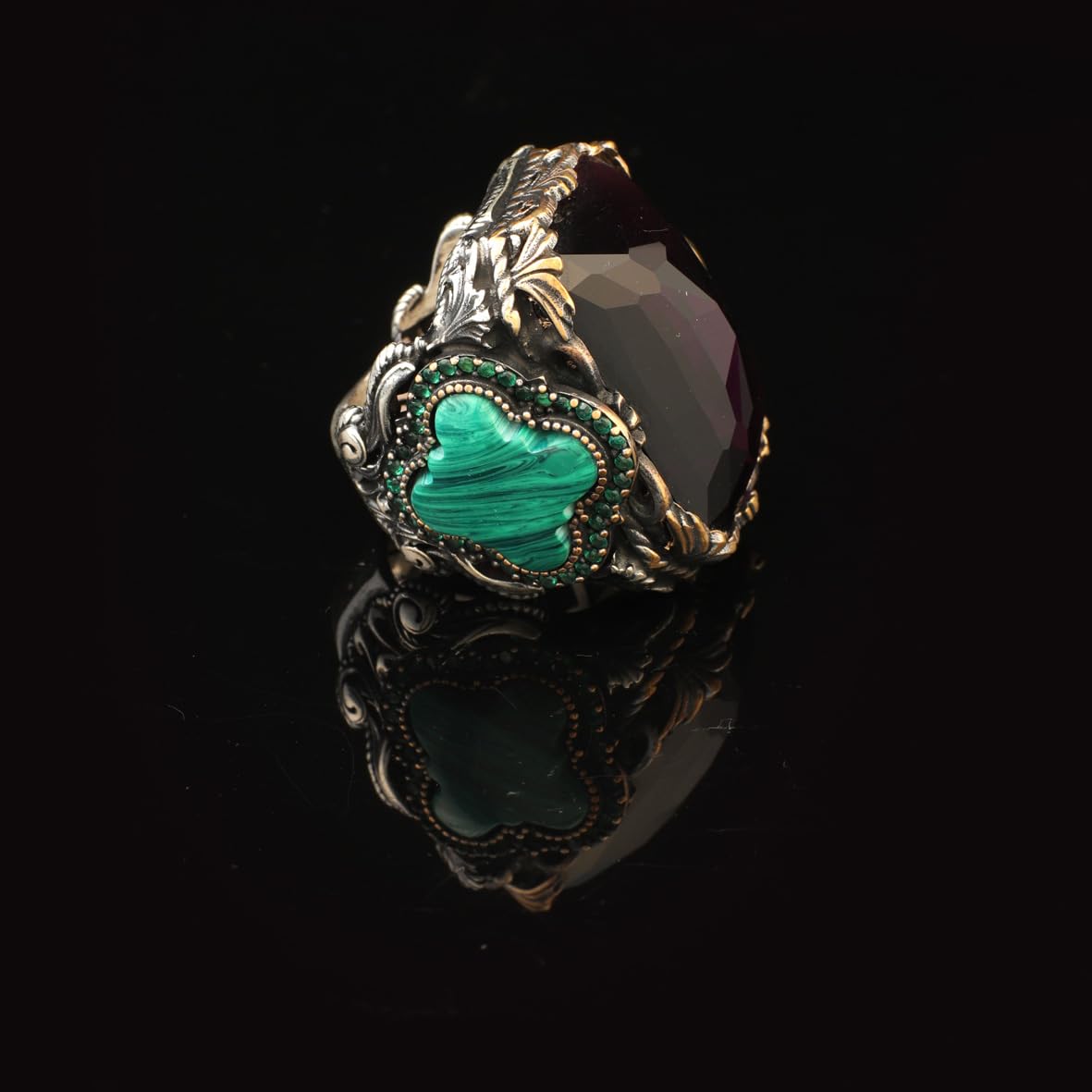 Amethyst & Malachite Ring – Large Statement Chunky Silver Whiskey Barrel Ottoman Vintage Ring – Engagement Promise Gift for Husband