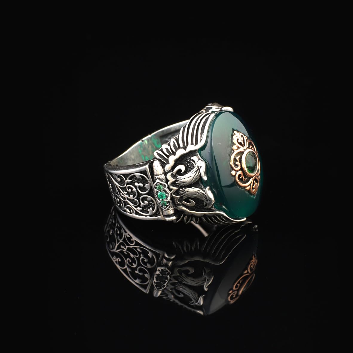 Handmade Jade Eagle Pinky Ring - Vintage Ottoman Style Sterling Silver Engagement Ring for Men with Custom Engraving & Gift Silver Polishing Cloth