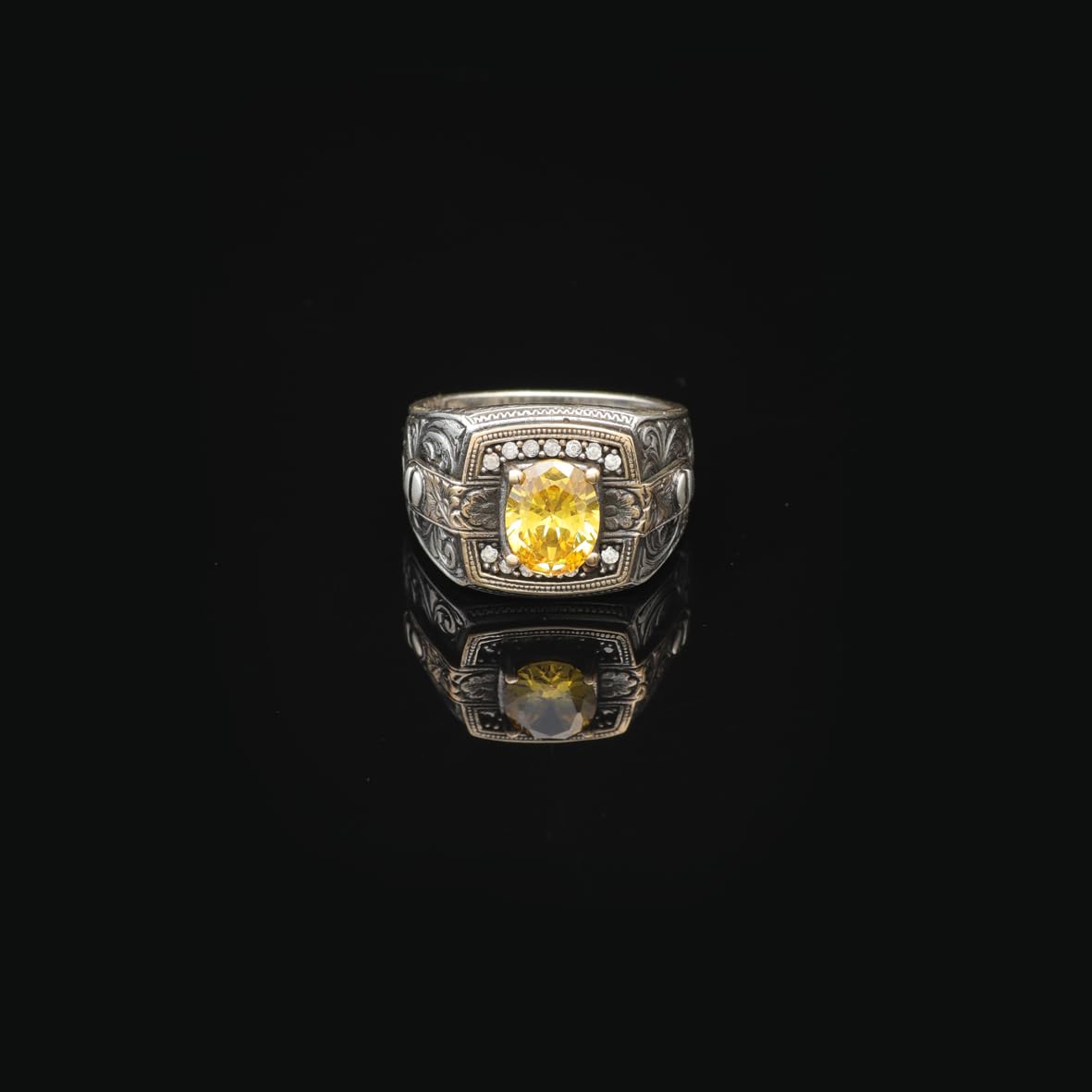 Citrine Pinky Ring with Micro Stone - Vintage Style Men's Gemstone Ring in 925 Sterling Silver - Turkish Handmade Polished Engagement Ring with Silver Polishing Cloth Gift