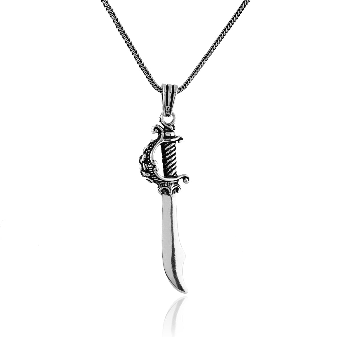 Sterling Silver Sword Necklace – Gothic Mens Pendant on Silver Chain – Biker Necklace with Silver Cleaning Cloth Gift