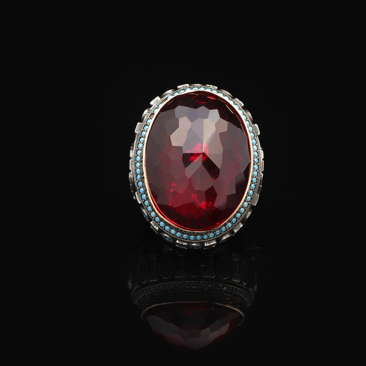 Garnet and Micro Turquoise Ring – Large Oval Vintage Men’s Ring in Polished 925 Sterling Silver