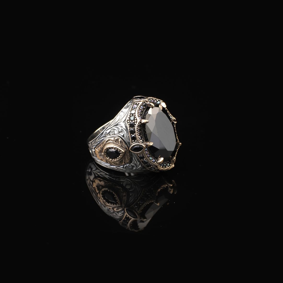 Vintage Ottoman Chunky Onyx Ring for Men – Handmade Gemstone Sterling Silver Engagement Ring with Custom Engraving + Gift Silver Polishing Cloth