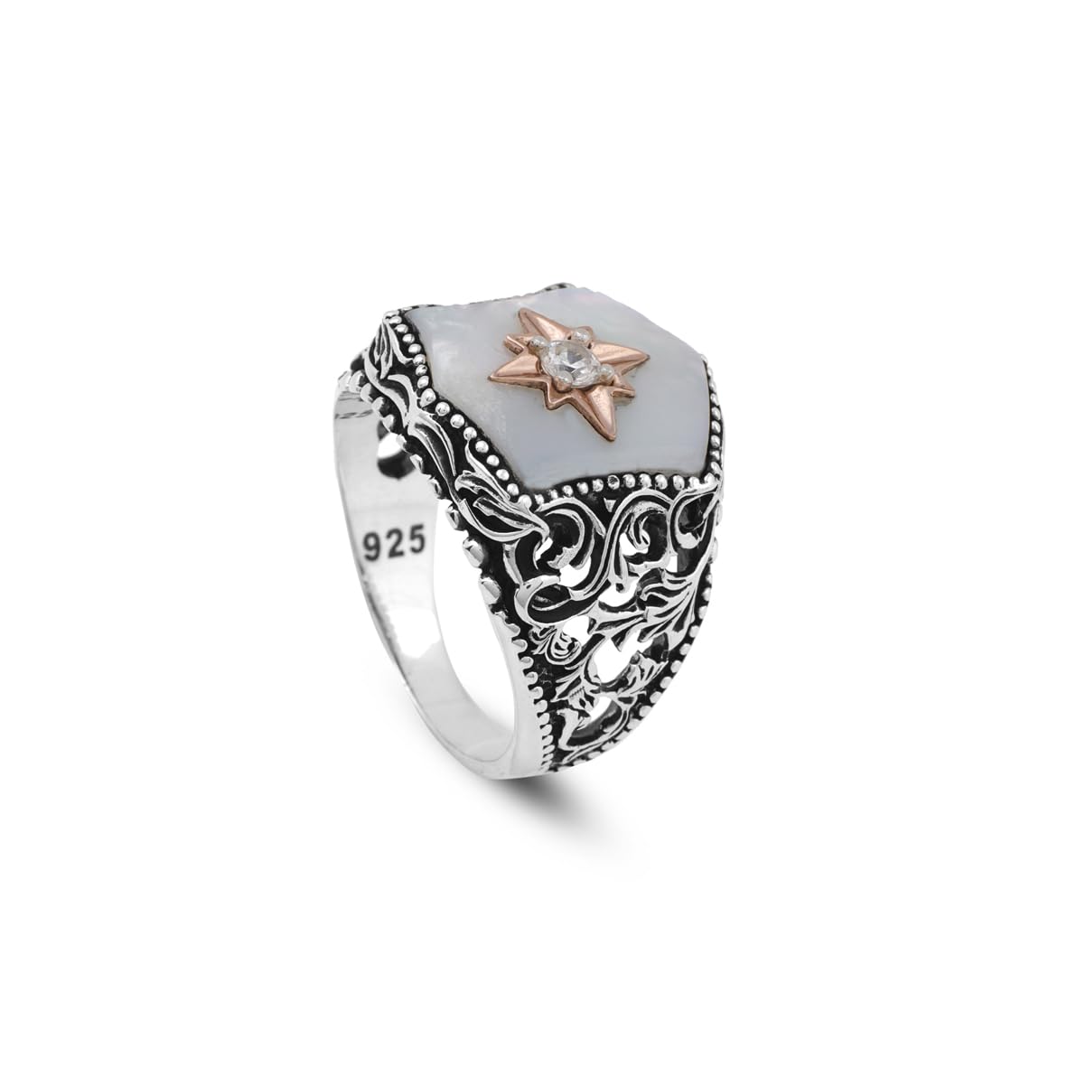 925 Sterling Silver Men's Ring - Handmade Mother of Pearl and Star Gemstone Ring with Polishing Cloth Gift