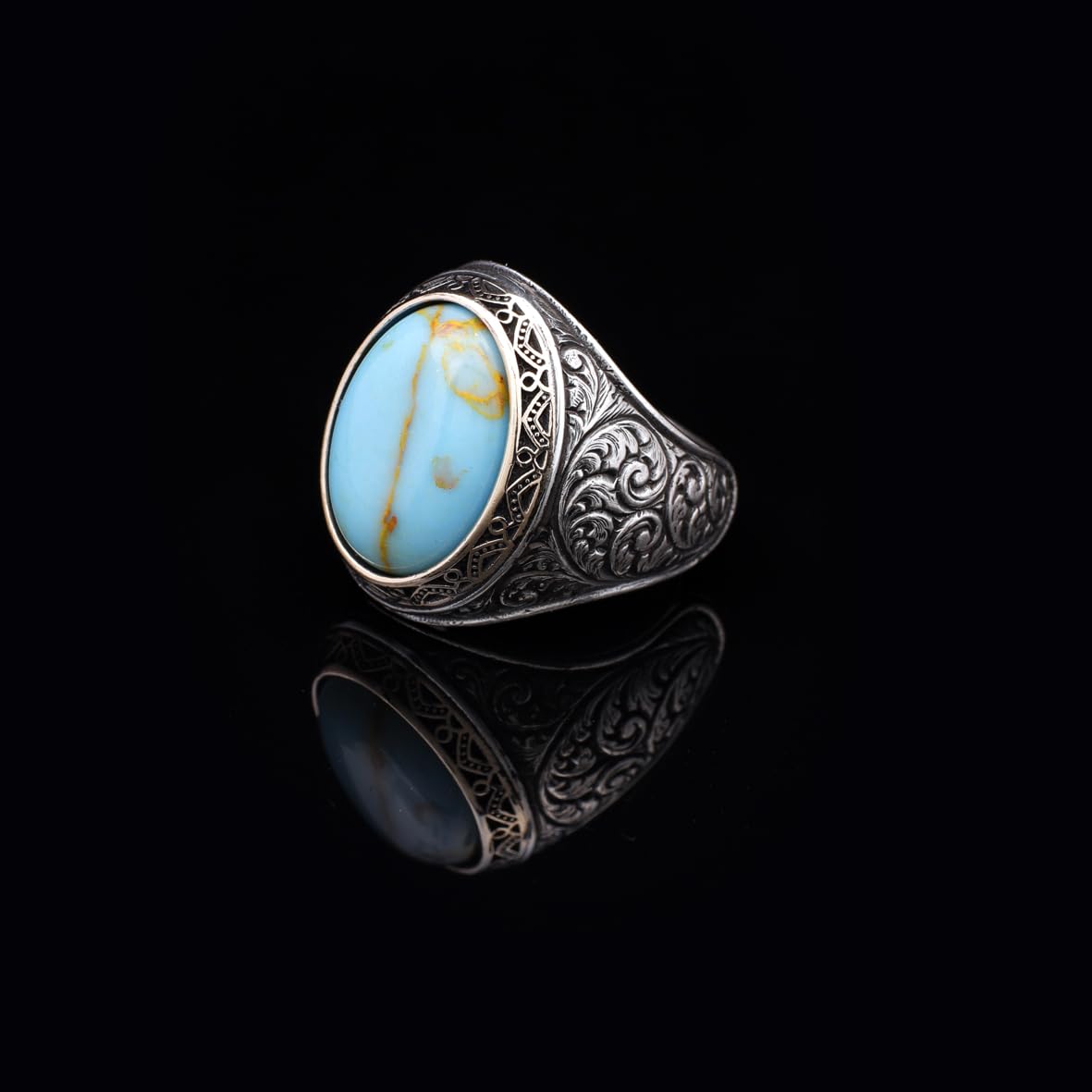 Handmade Genuine Men's Turquoise Ring - 925 Sterling Silver Gemstone Jewelry with Silver Polishing Cloth Gift