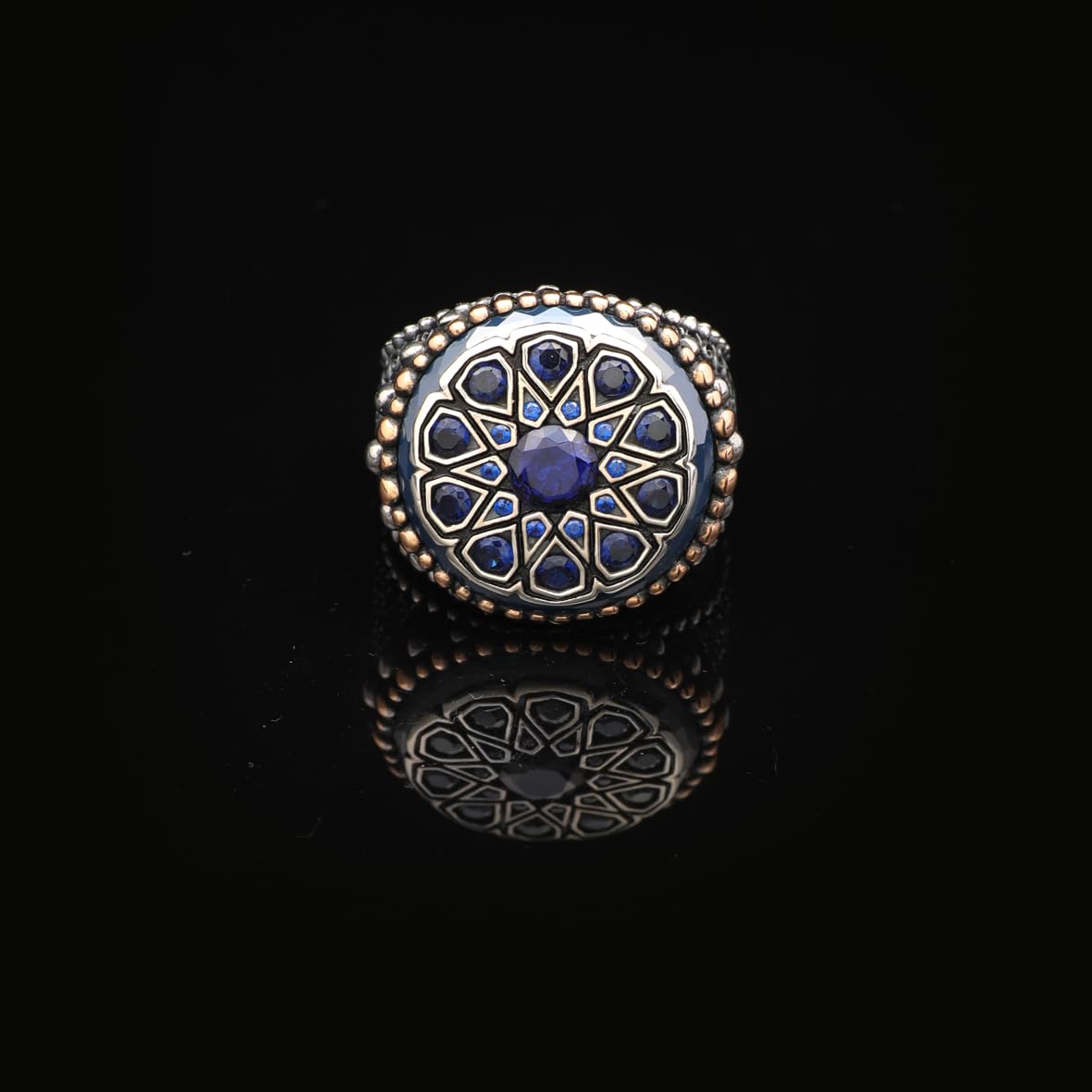 Vintage Embroidered Signet Ring with Blue Tiger Eye Gemstone - 925 Sterling Silver Men's Engagement Ring