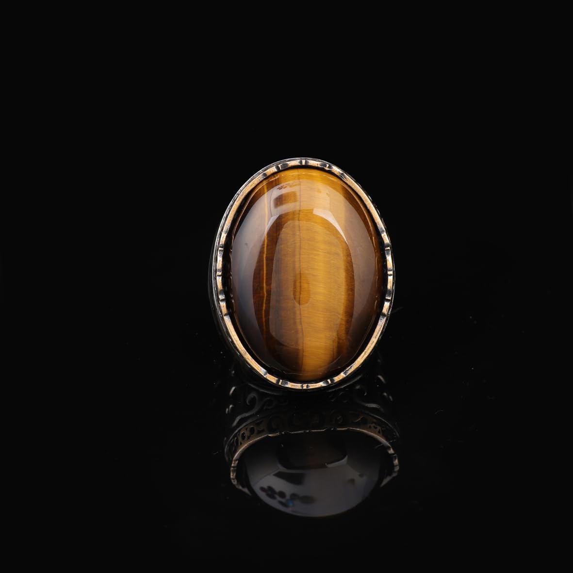 Men's Vintage Tiger Eye Ring - Handmade Oval Gemstone Ottoman Style Large 925 Sterling Silver Ring with Silver Polishing Cloth Gift