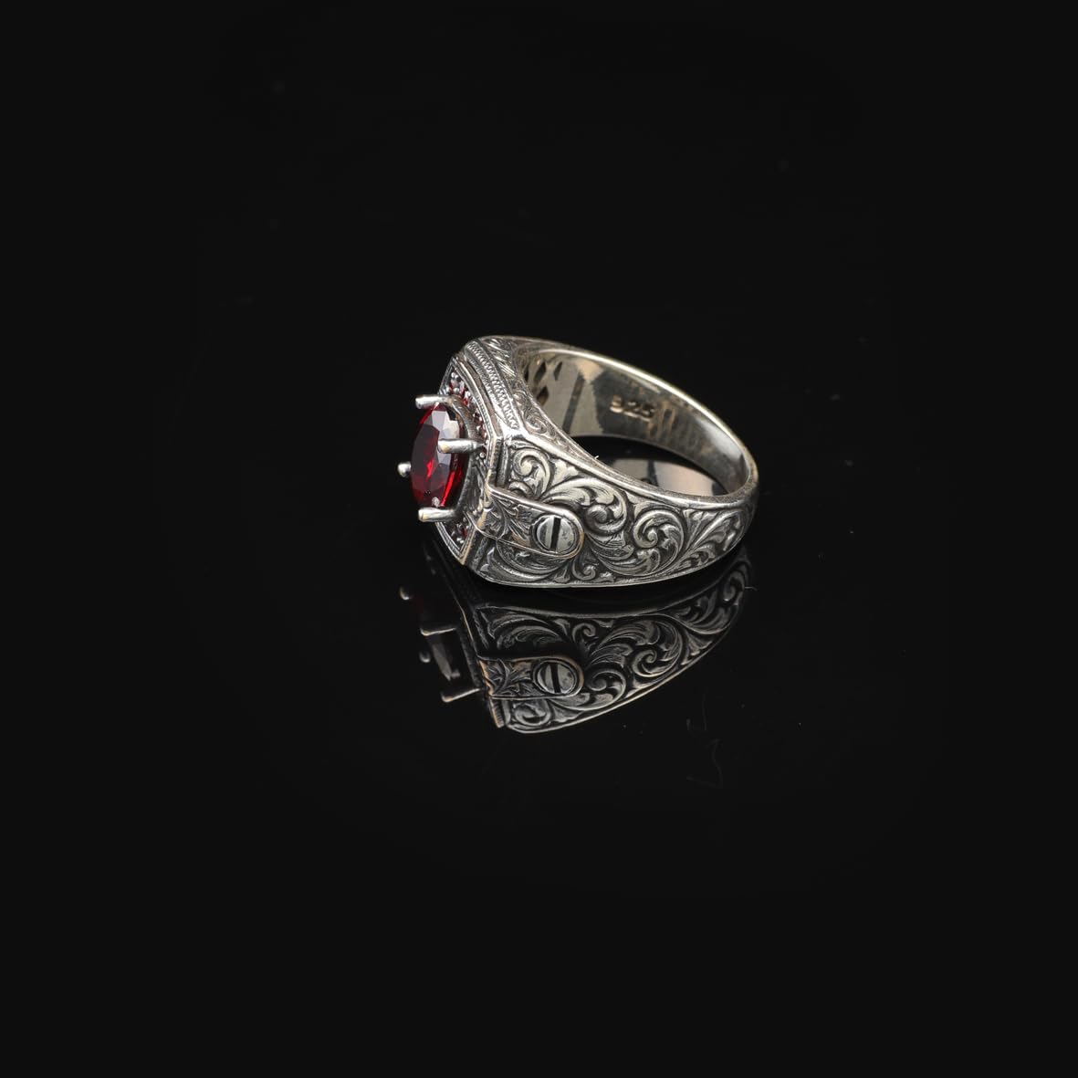 Vintage Garnet Ring for Men - Handmade Turkish 925 Sterling Silver Engagement Ring with Polished Gemstone and Silver Polishing Cloth Gift