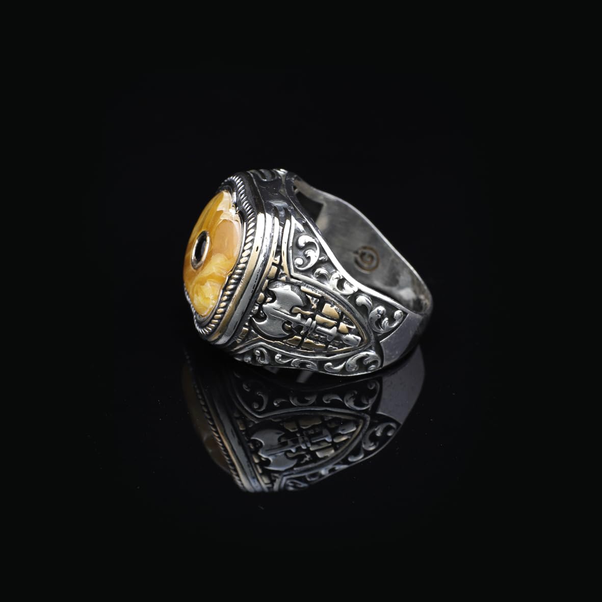 Vintage Handmade Squeeze Amber Ring with Micro Onyx Stone - Men's 925 Sterling Silver Gemstone Jewelry Gift Set with Silver Polishing Cloth
