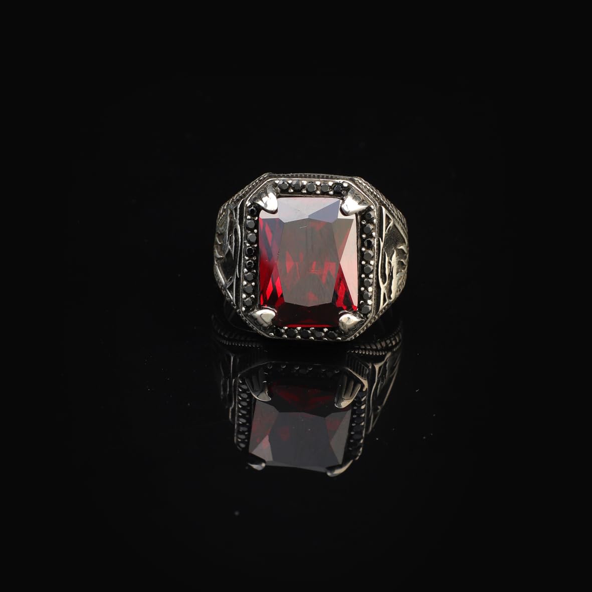 Garnet Gemstone Eagle Signet Ring – Vintage Men’s Sterling Silver Engagement Ring – Handmade Rings with Custom Engraving & Gift Silver Polishing Cloth