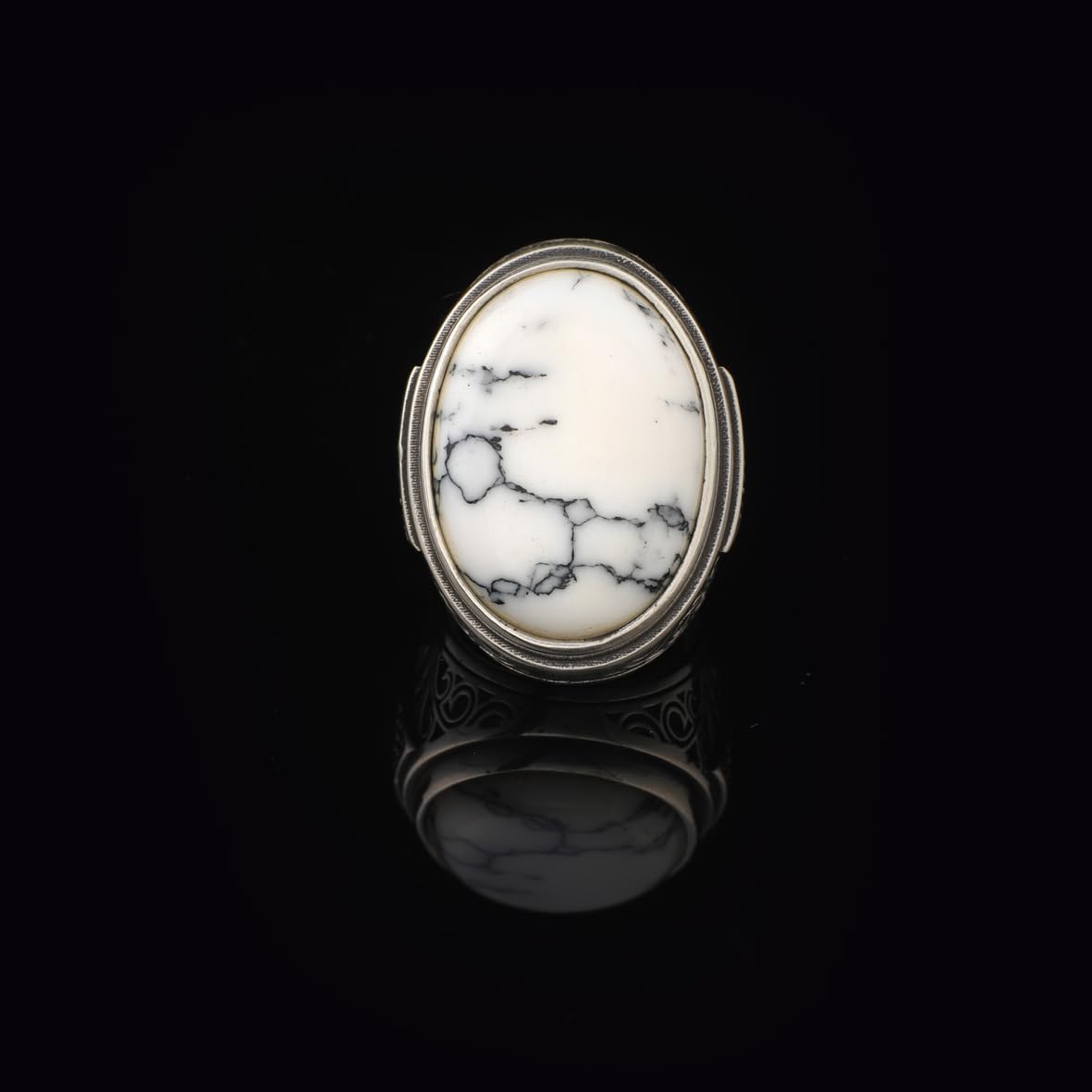 Mens White Turquoise Ring – Chunky Sterling Silver Ring with Micro Sapphire
