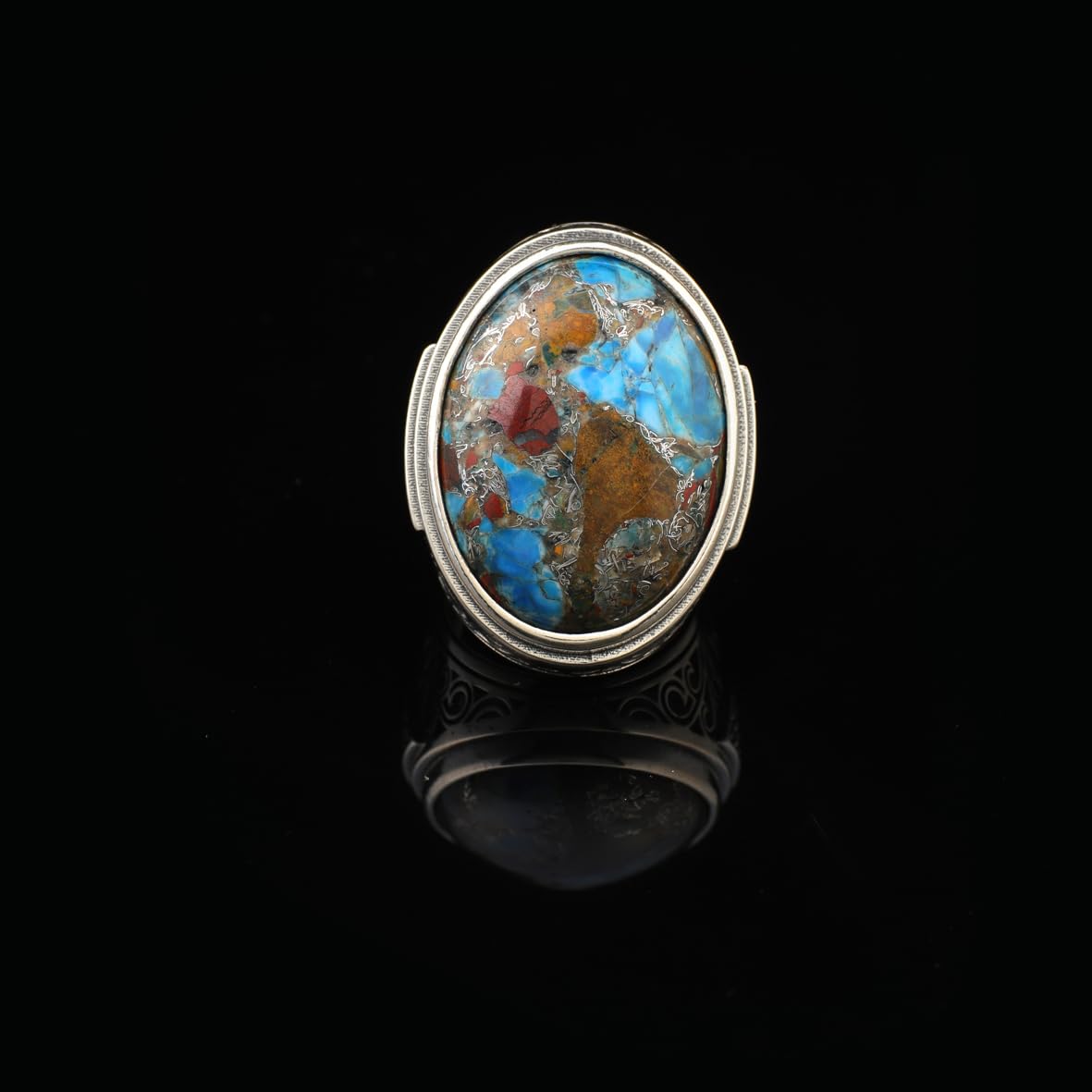 Mens Sterling Silver Turquoise Ring – Special Large Gemstone Ring with Chunky Ottoman Design