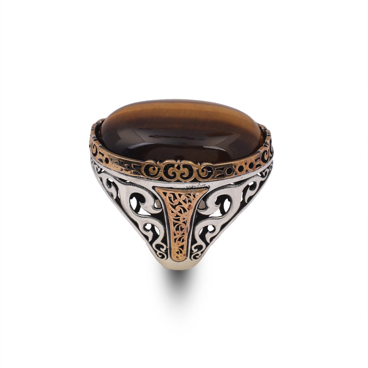 Men's Vintage Tiger Eye Ring - Handmade Oval Gemstone Ottoman Style Large 925 Sterling Silver Ring with Silver Polishing Cloth Gift