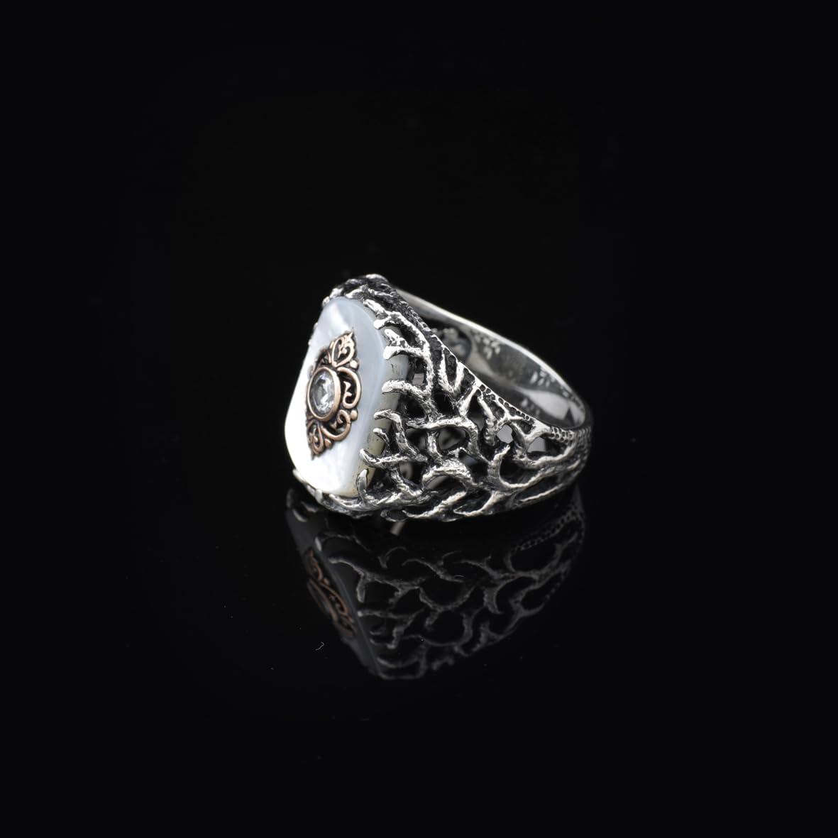Handmade Mother of Pearl Ring in Ottoman Style - 925 Sterling Silver Men's Gemstone Jewelry