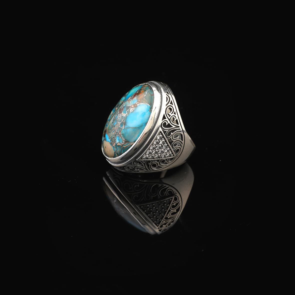 Handmade Special Turquoise Gemstone Ring – Large Chunky Ottoman Sterling Silver Ring for Men – Micro Sapphire Accent – Vintage Style Engagement Ring with Custom Engraving