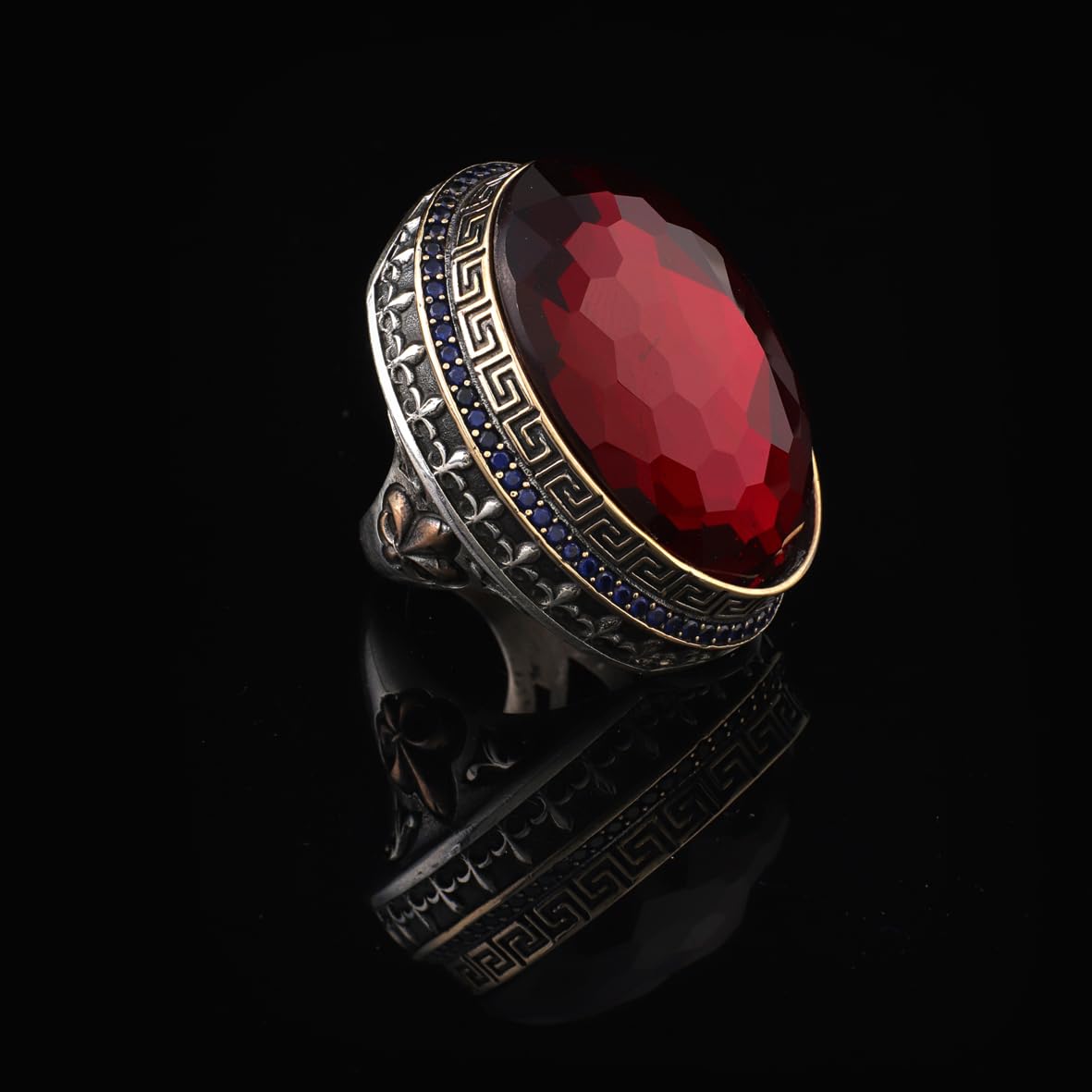 Iris Flower Model Garnet Ring - Chunky Sterling Silver Engagement Ring for Men