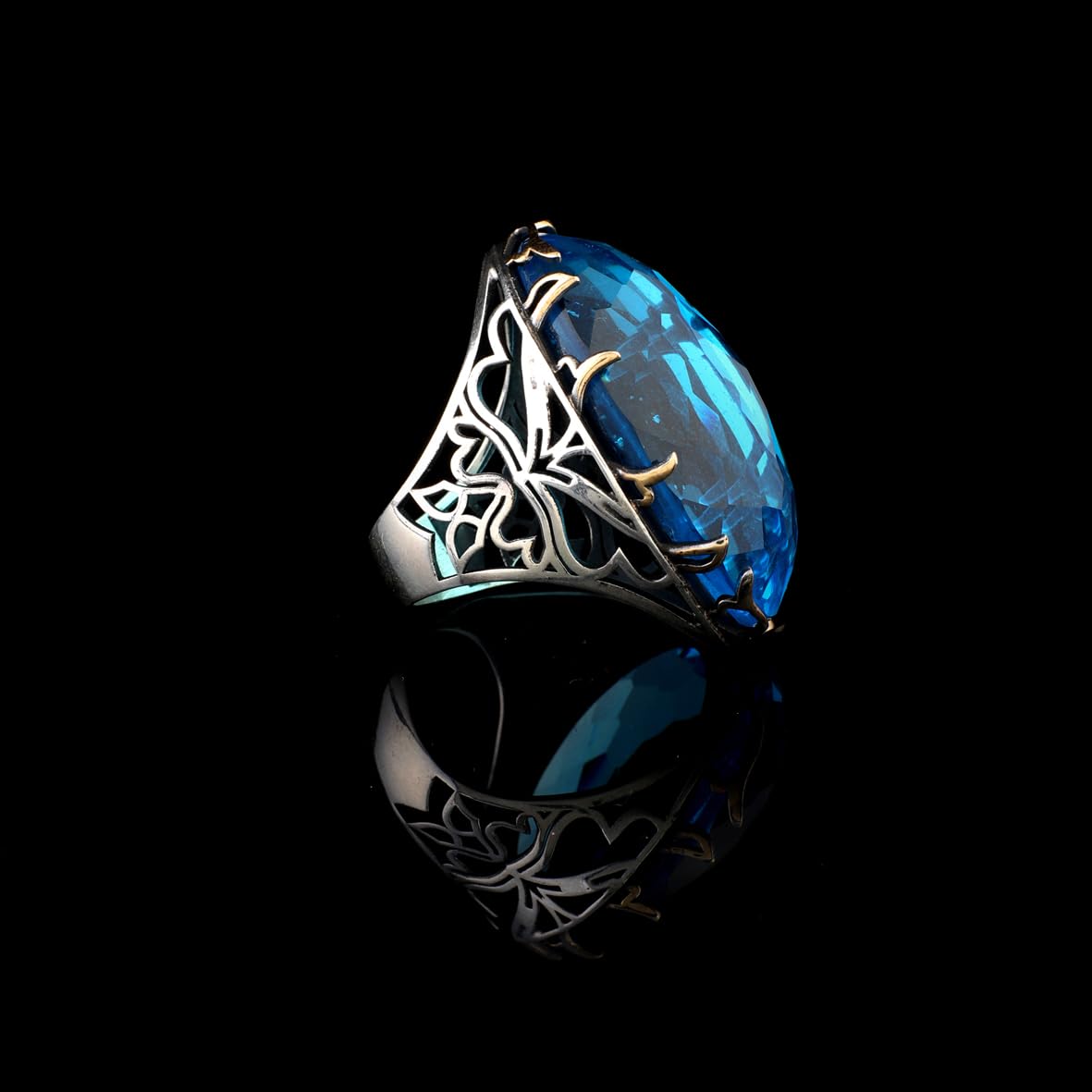 Chunky Silver Aquamarine Ring – Handmade Ottoman Engagement Ring for Men