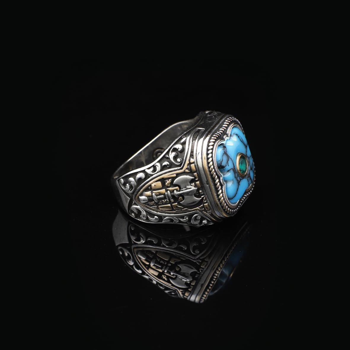 Genuine Turquoise Men's Ax Ring with Micro Emerald Stone - Vintage Handmade 925 Sterling Silver Ring for Men - Includes Silver Polishing Cloth Gift