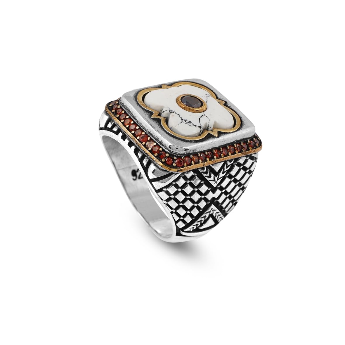 Genuine Turquoise Mens Ring with White Turquoise and Micro Stone