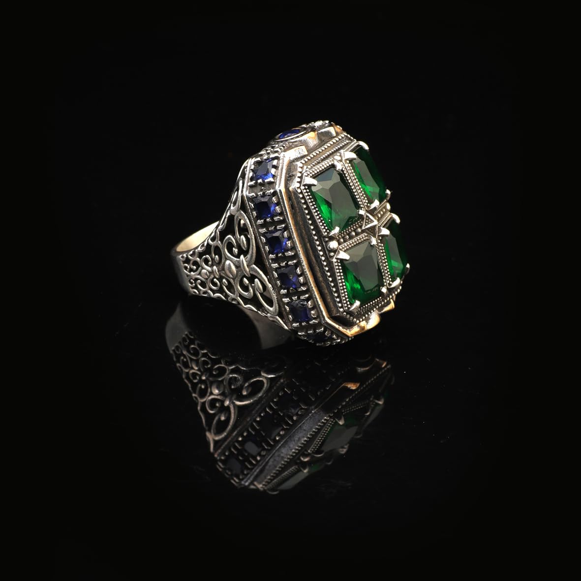 Handmade Emerald and Sapphire Stone Ottoman Ring – Large Statement Vintage Gemstone Ring