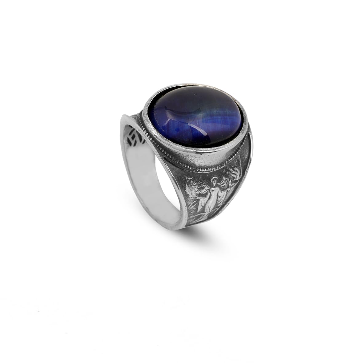 Handmade Virgin Mary Blue Tiger Eye Signet Ring - Vintage 925 Sterling Silver Men's Statement Ring with Oval Gemstone