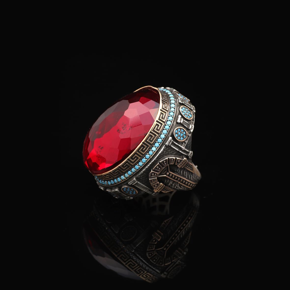 Garnet and Micro Turquoise Ring – Large Oval Vintage Men’s Ring in Polished 925 Sterling Silver