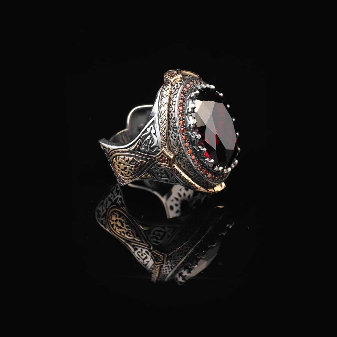 Garnet Ring for Men – Ottoman Vintage Gemstone Handmade Sterling Silver Engagement Ring with Custom Engraving – Mens Silver Rings + Gift Silver Polishing Cloth