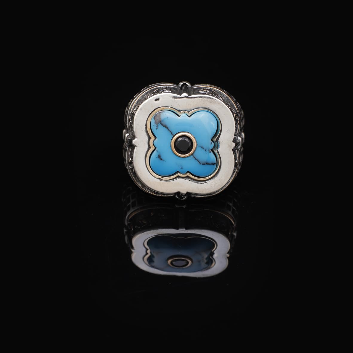 Genuine Turquoise Men's Ring with Micro Onyx Accent - Handmade Vintage Sword Design 925 Sterling Silver Jewelry for Men - Includes Silver Polishing Cloth Gift