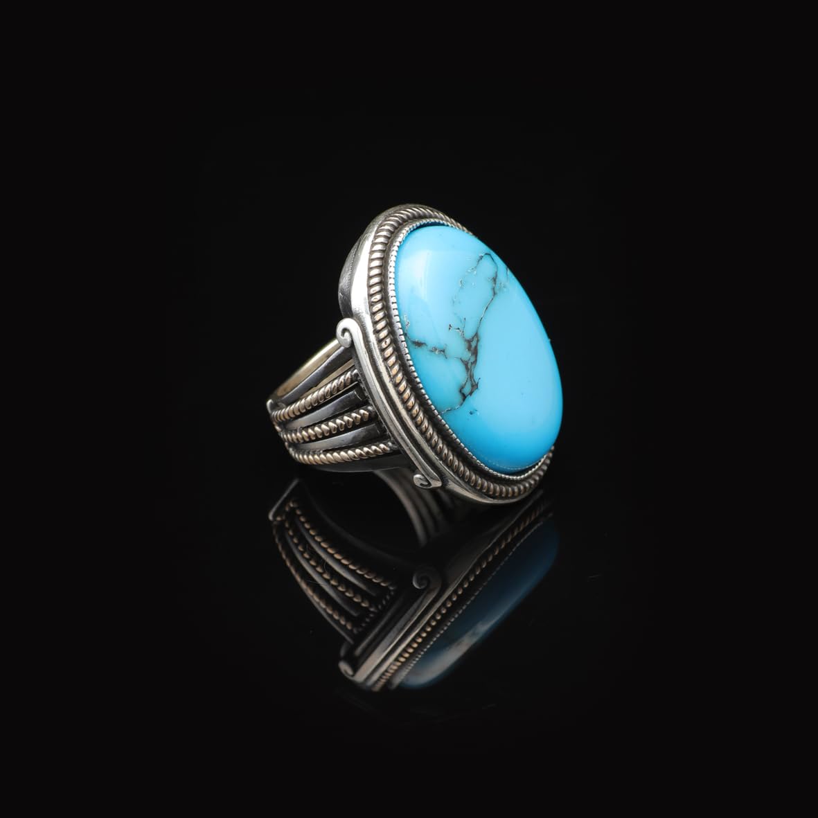 Vintage Turquoise Oval Stone Ring for Men - Large 925 Sterling Silver Turkish Handmade Polished Engagement Ring with Silver Polishing Cloth Gift
