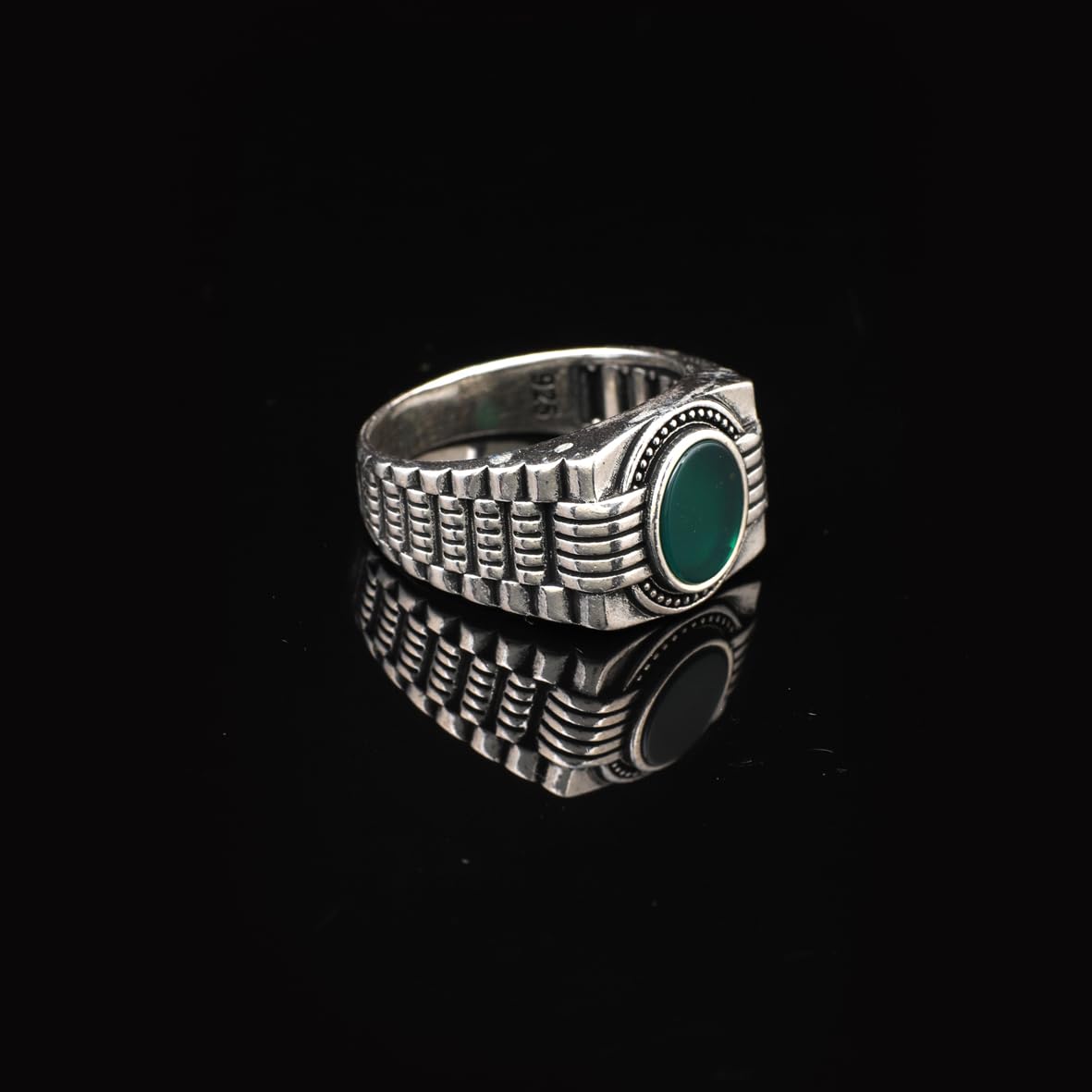 Handmade Jade Gemstone Watch Band Engagement Ring for Men Vintage 925 Sterling Silver