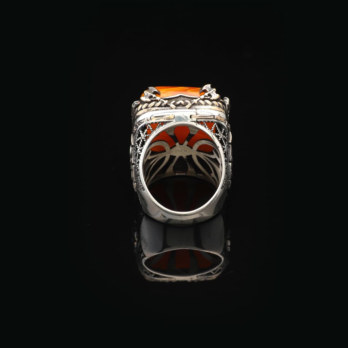 Vintage Large Squeezing Amber Axe Ring for Men - 925 Sterling Silver Turkish Handmade Polished Engagement Ring with Silver Polishing Cloth Gift