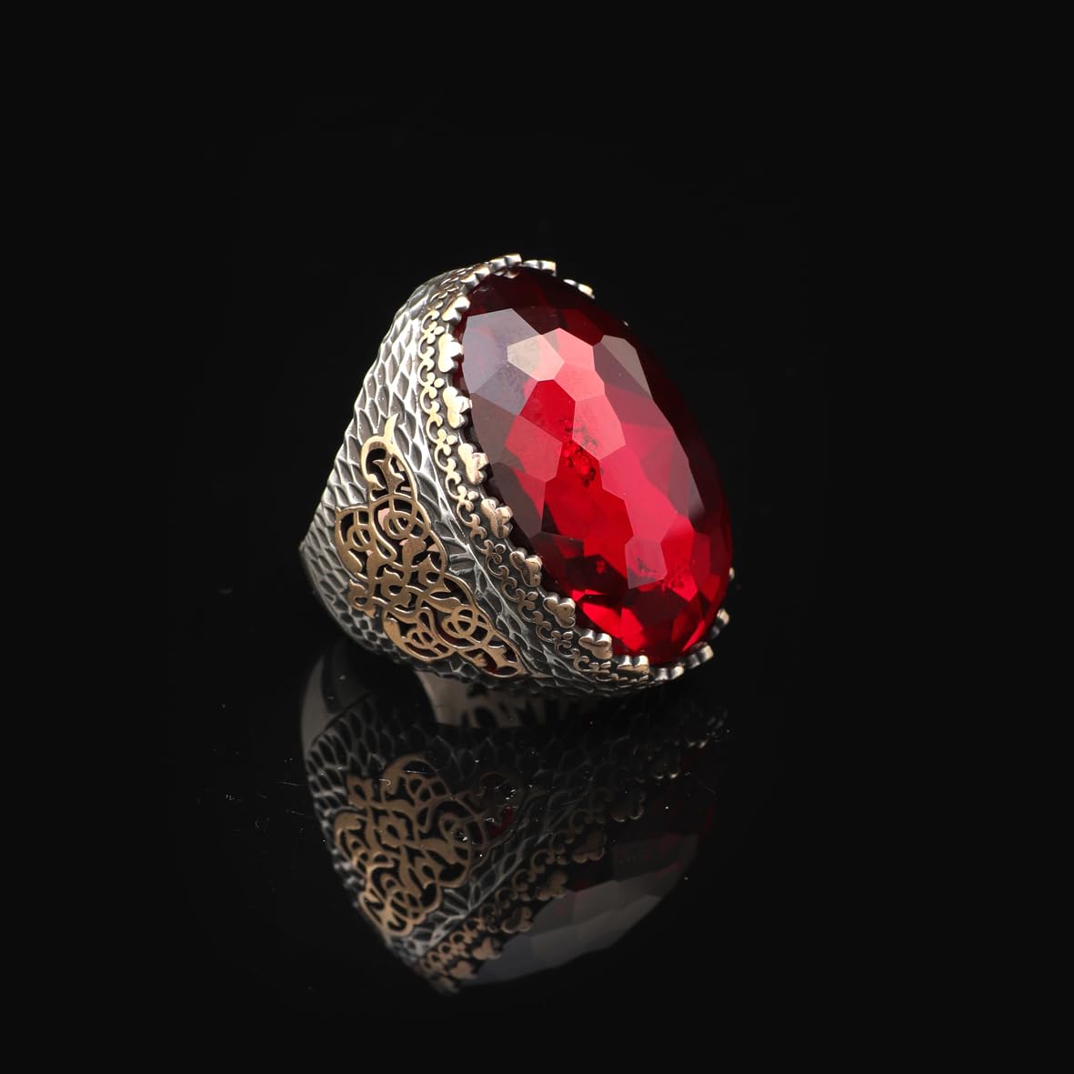 Men's Vintage Garnet Ring with Oval Stone - 925 Sterling Silver Large Ring