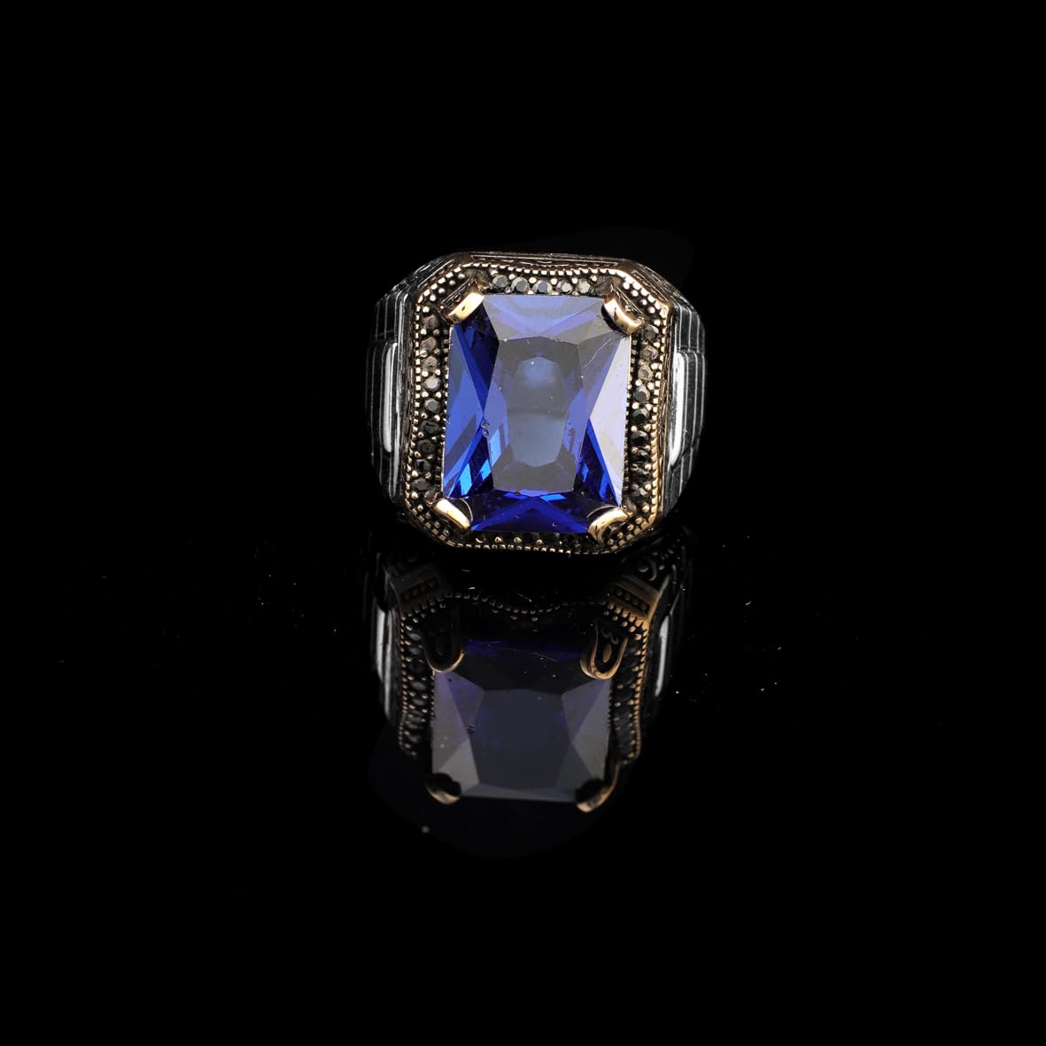 Sapphire Ring Watch Band Style – Vintage Gemstone Signet in 925 Sterling Silver for Men – Handmade Engagement Ring with Custom Engraving & Gift Silver Polishing Cloth
