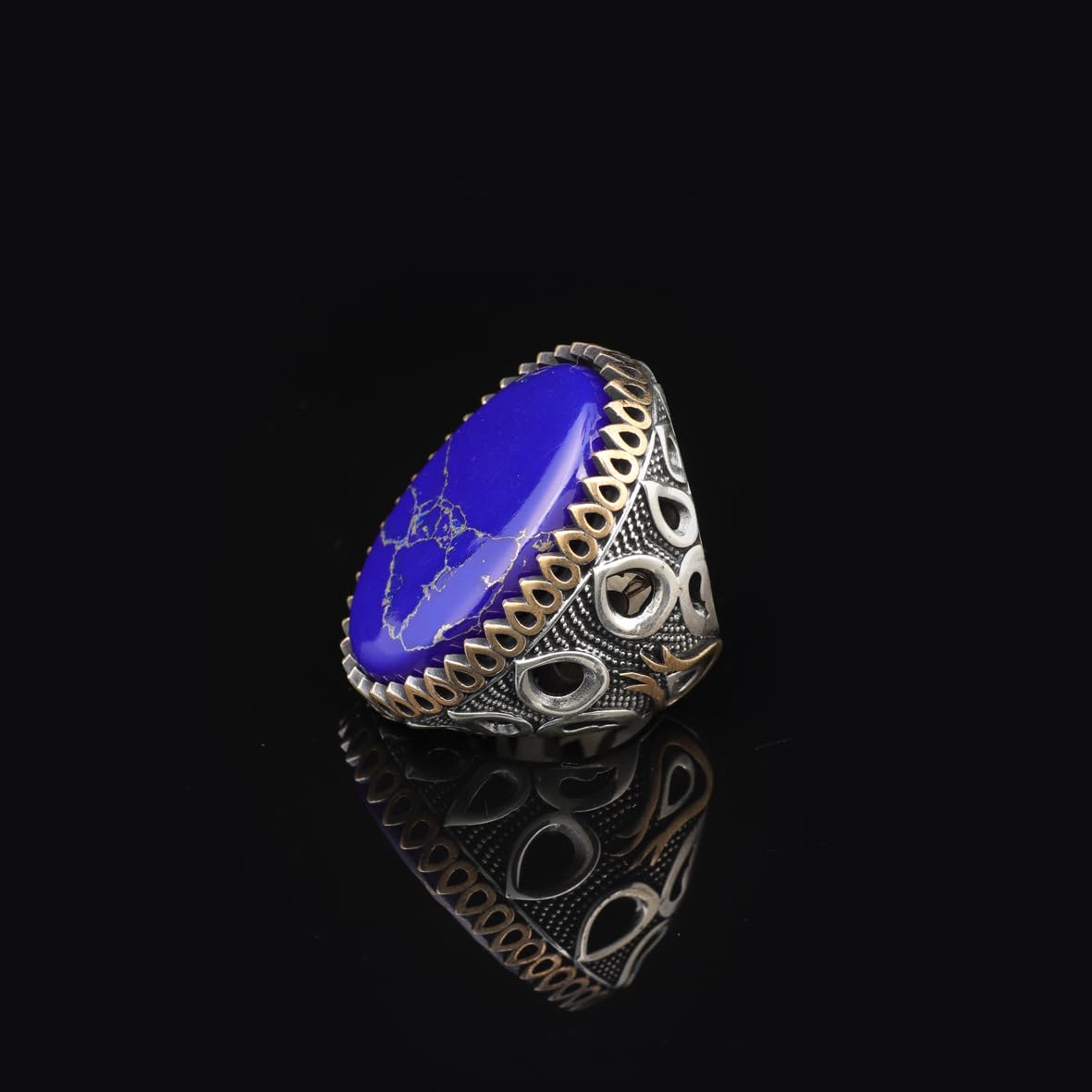 Lapis Lazuli Oval Gemstone Ring - Large Handmade Ottoman Style 925 Sterling Silver Men's Ring with Silver Polishing Cloth Gift