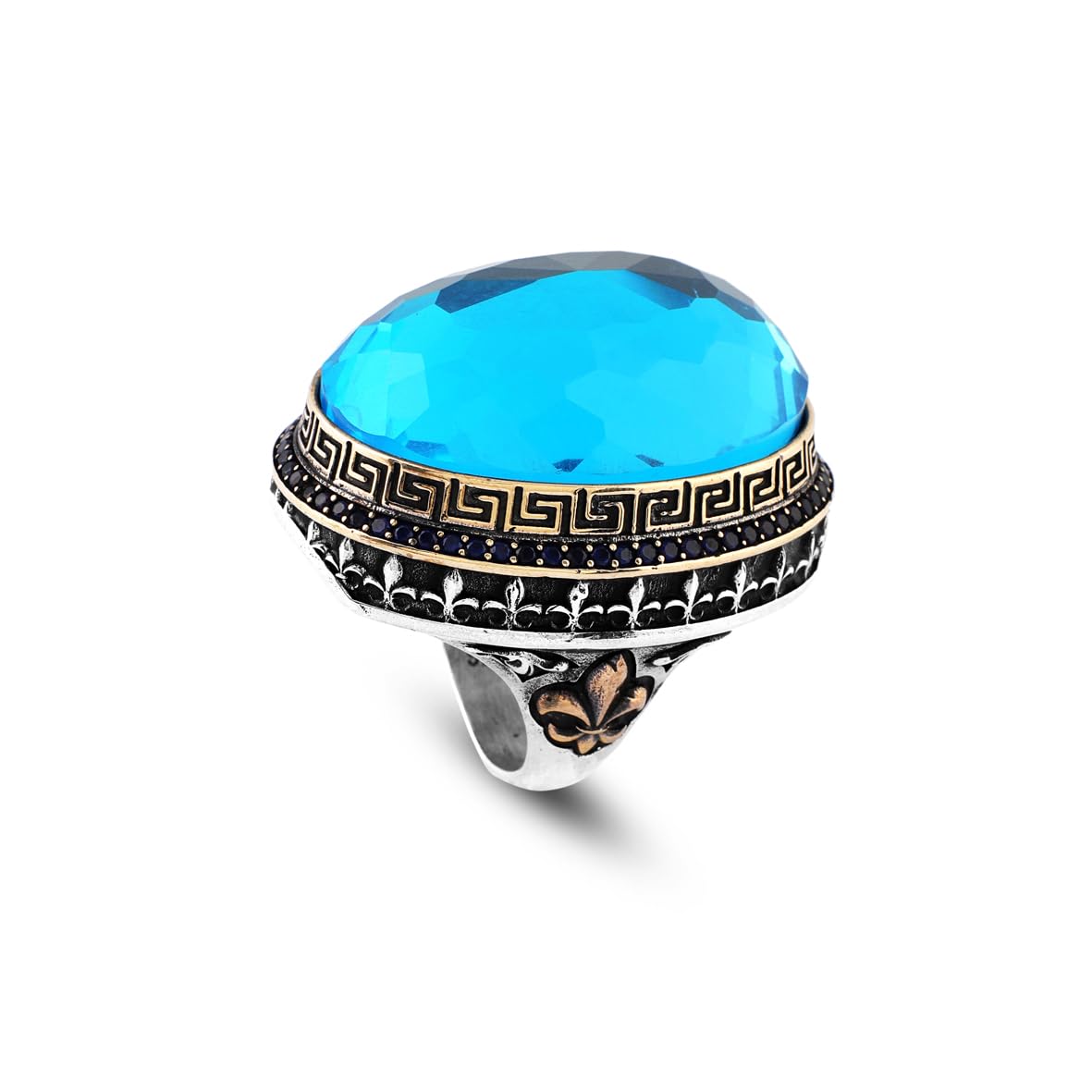 Handmade Iris Flower Model Aquamarine Ring - Chunky Sterling Silver Gemstone Ring for Men