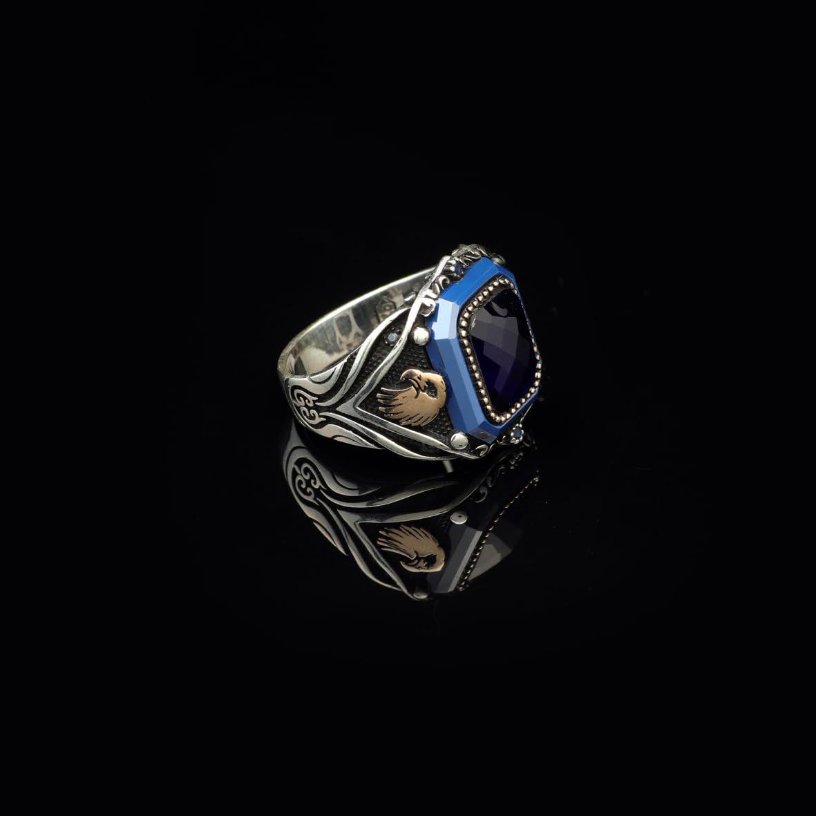 Vintage Blue Tiger Eye Ring with Eagle Design - Handmade 925 Sterling Silver Men's Gemstone Engagement Ring