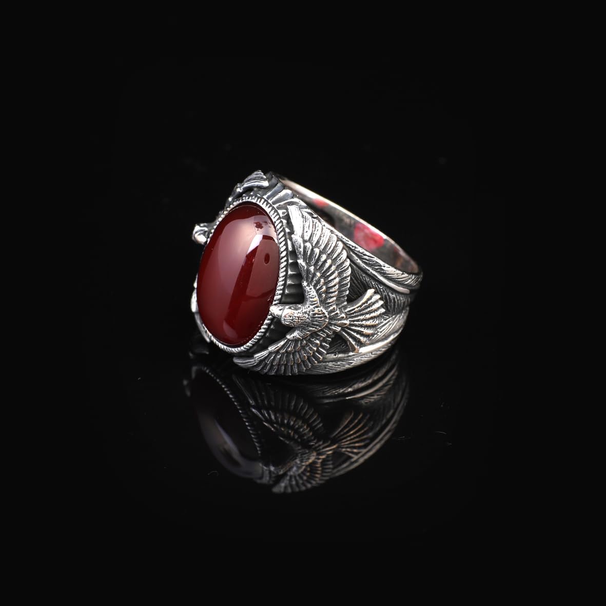 Handmade Carnelian Gemstone Eagle Large Ring for Men Vintage 925 Sterling Silver