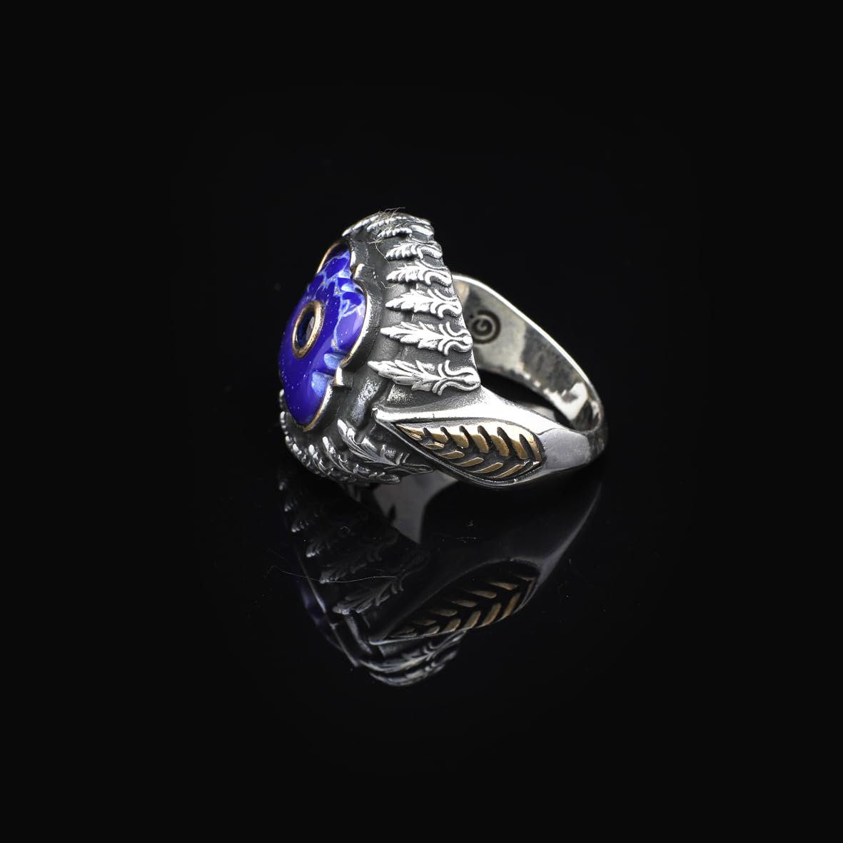 Lapis Lazuli and Black Onyx Knife Ring - Vintage Handmade 925 Sterling Silver Men's Ring with Micro Stone Accents and Silver Polishing Cloth Gift