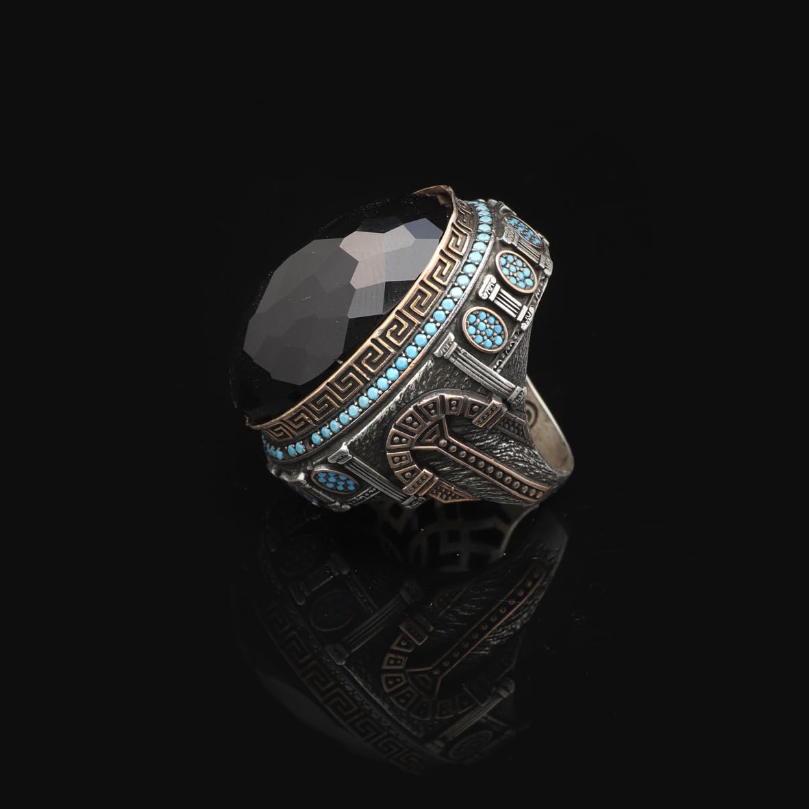 Black Onyx Ring with Micro Turquoise Stone – Large Oval Vintage Men’s Ring in Polished 925 Sterling Silver