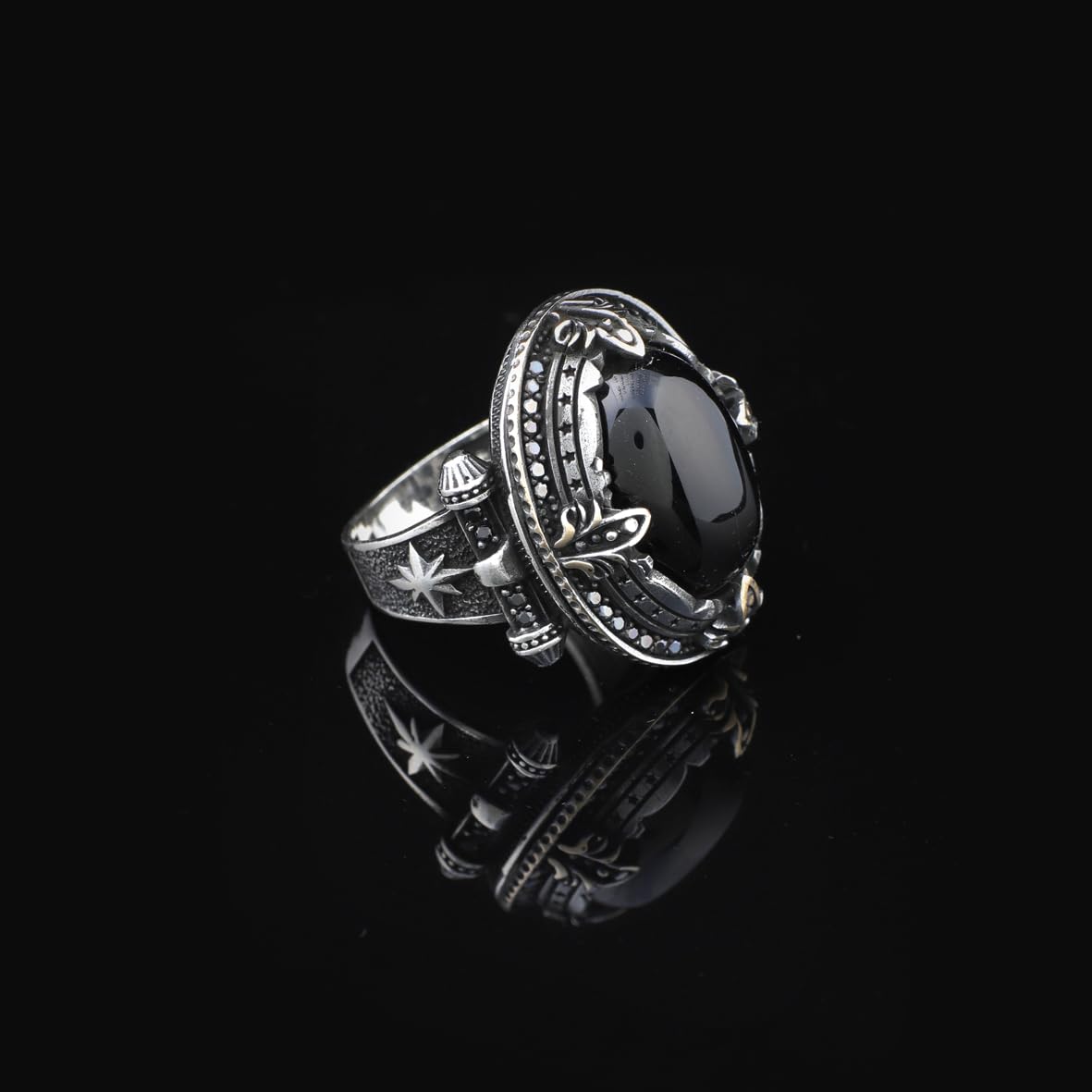 925 Sterling Silver Men's Ring - Handmade Pole Star Design with Black Onyx Gemstone Detail and Silver Polishing Cloth Gift