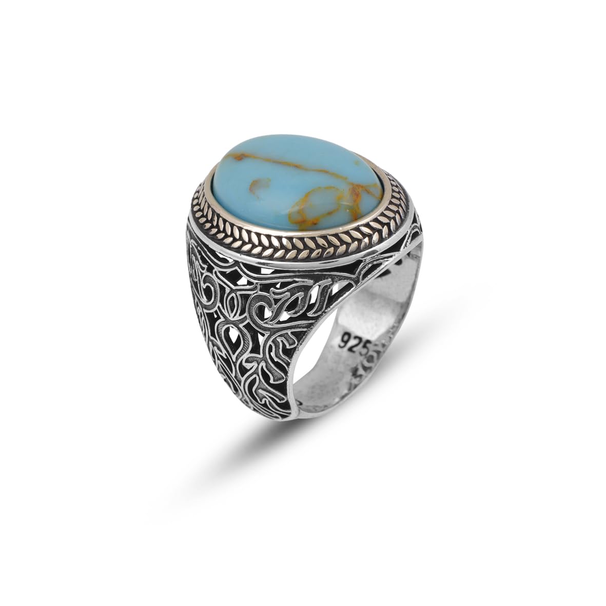 Handmade Genuine Turquoise Men's Ring - 925 Sterling Silver Gemstone Jewelry with Silver Polishing Cloth Gift