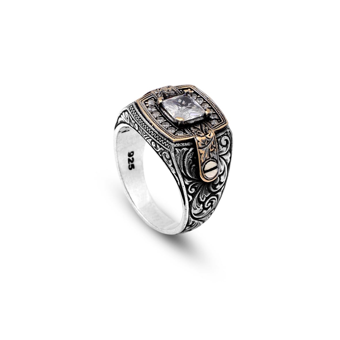 Vintage White Sapphire Pinky Ring - Men's Gemstone Engagement Ring in 925 Sterling Silver - Turkish Handmade Polished Ring with Micro Stone and Silver Polishing Cloth Gift